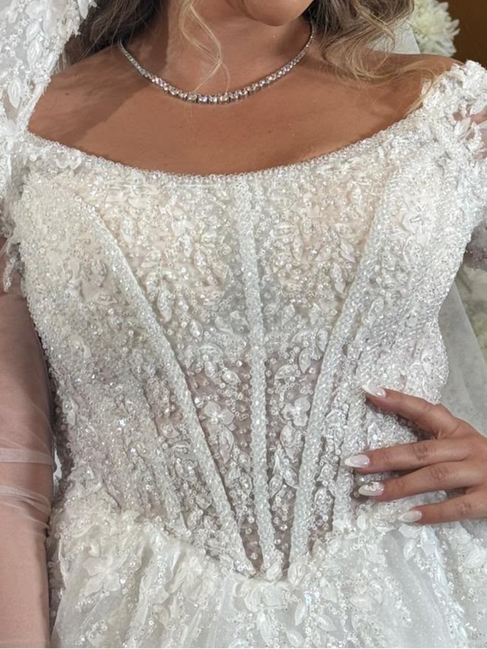 Elegant White Beaded Lace Wedding Dress with Illusion Sleeves